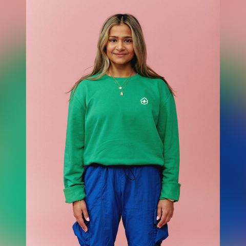 'sometimes sad, but mostly happy' crew in kelly green